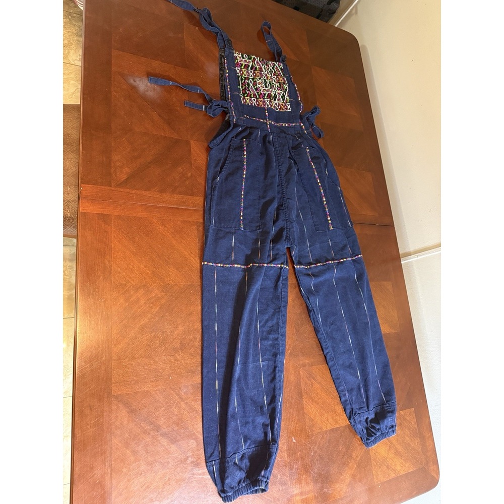 Artisan Guatemalan Embroidered Blue Overalls Size XL Hand Woven Chic Boho